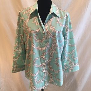 Foxcroft blouse aqua/white feather print, size 16